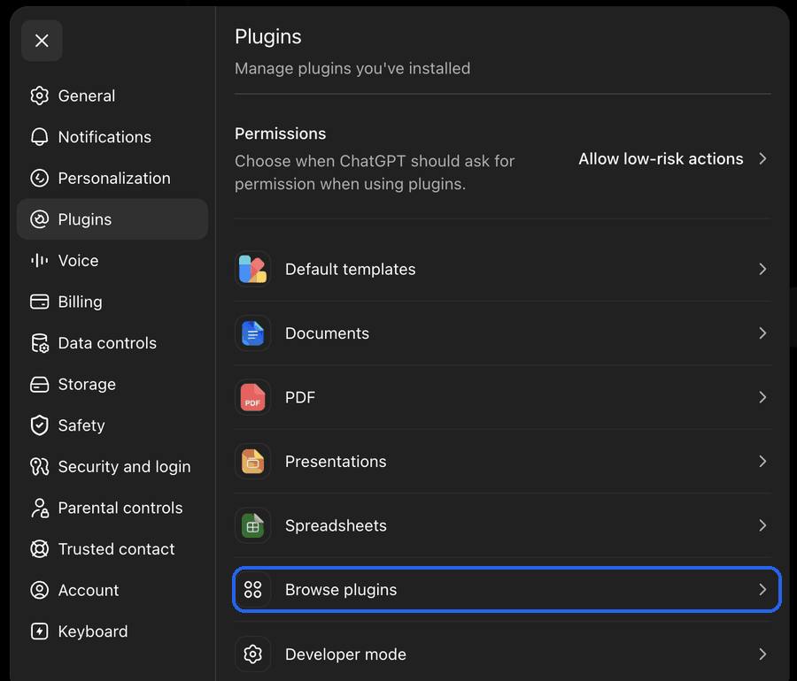 In ChatGPT Settings, open Plugins and click Browse plugins