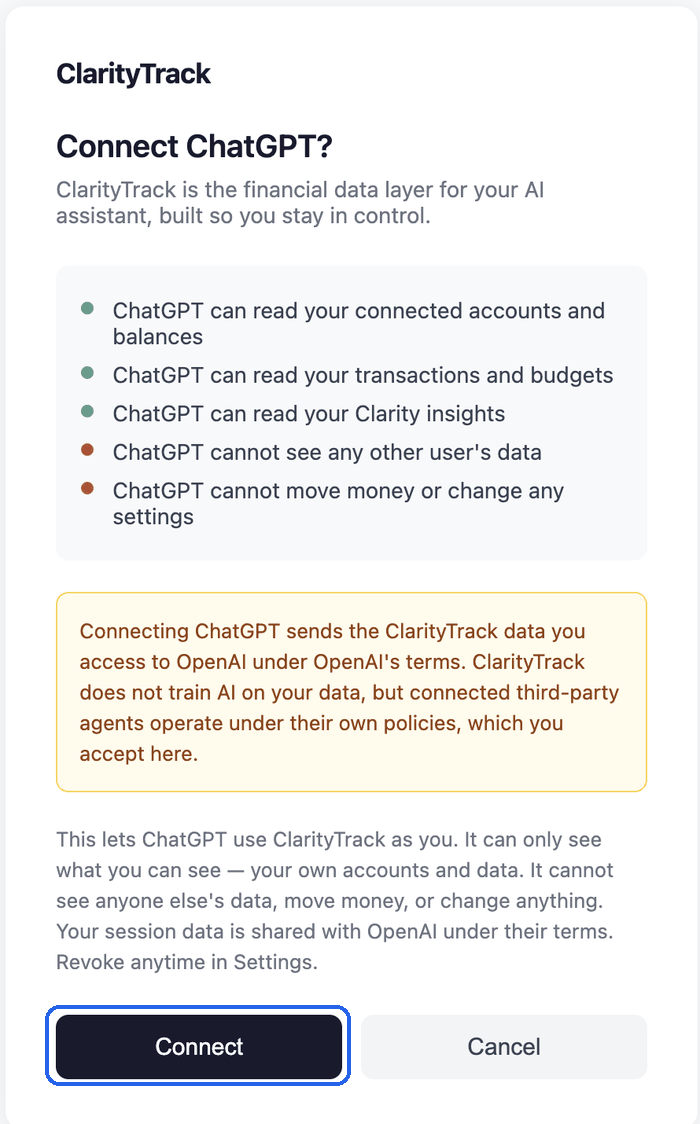 Review permissions on the ClarityTrack consent screen, then click Connect